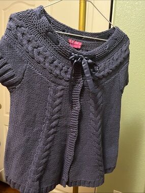 NEWBCBGirls Slate Blue Cable-Knit Short Sleeve Sweater with Ribbon Tie Sz S